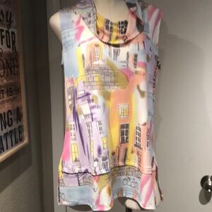 Colorful Abstract Print cowl neck Sleeveless Blouse contrast hem